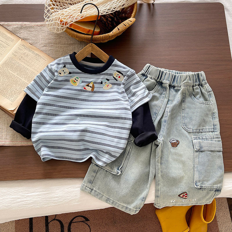 Boys' Cotton Blend Striped Top and Jeans Two-Piece Set