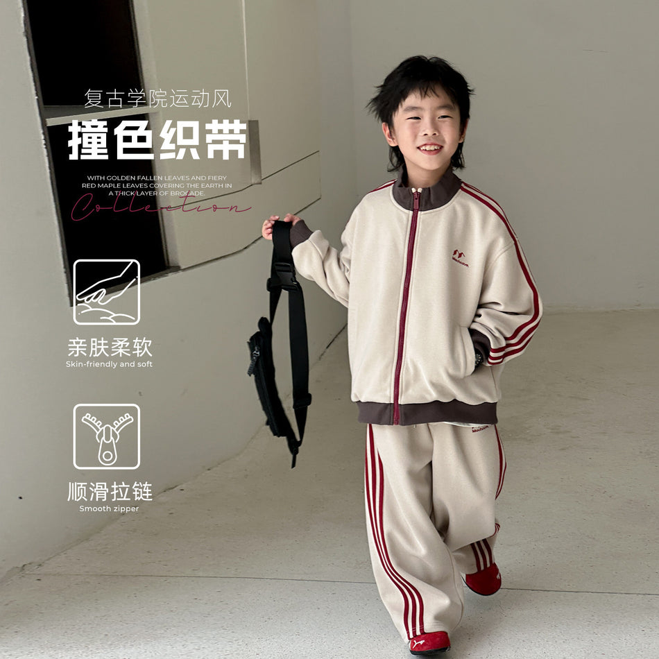 Boys' Cotton Blend Stand Collar Jacket and Pants Two-Piece Set