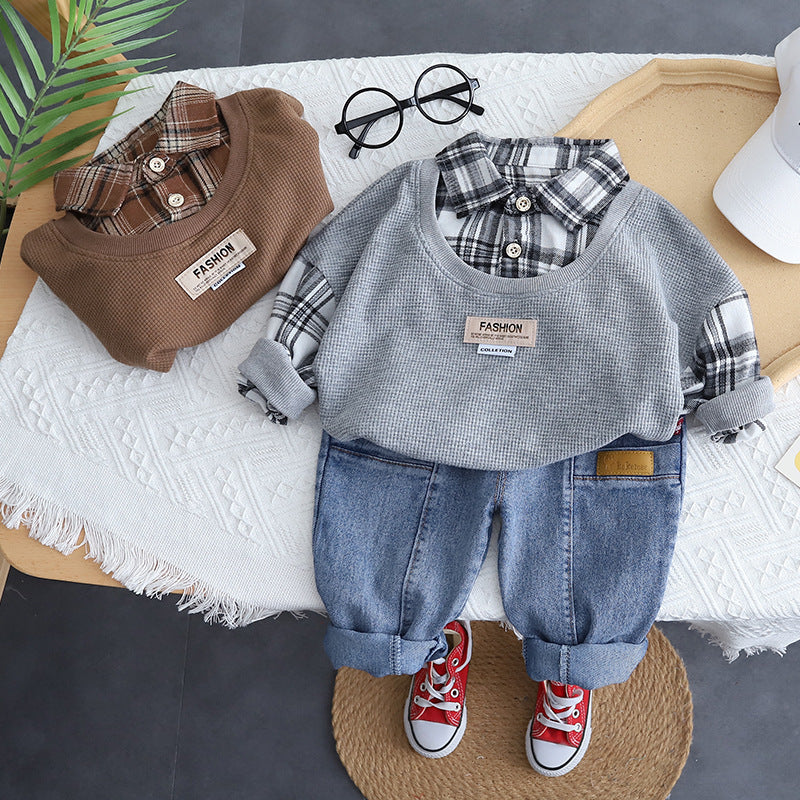 Boys’ 90% Cotton Plaid Shirt and Trousers Two-Piece Set