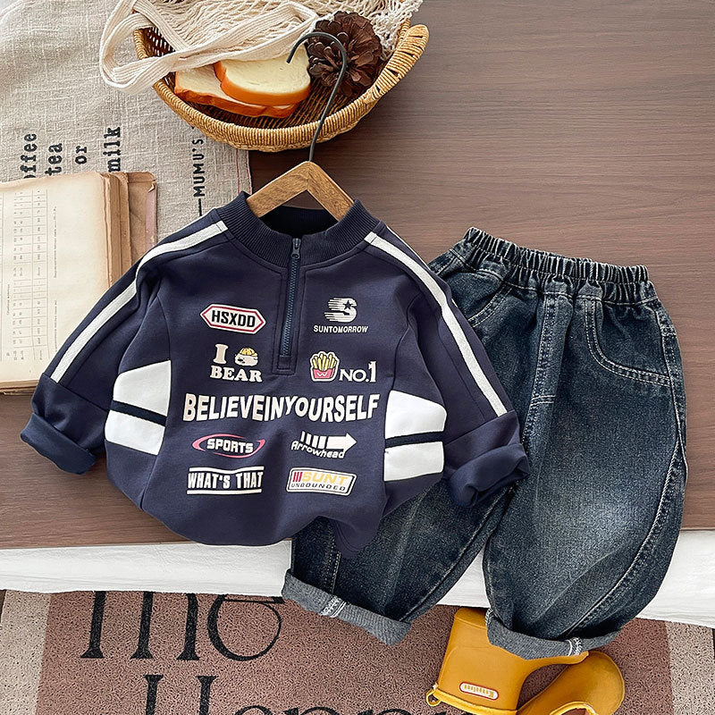 Boys Cotton Biker Sweatshirt and Jeans Two-Piece Set