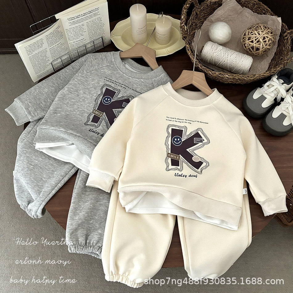 Unisex Cotton Blend Casual Pullover Trousers Set for Kids