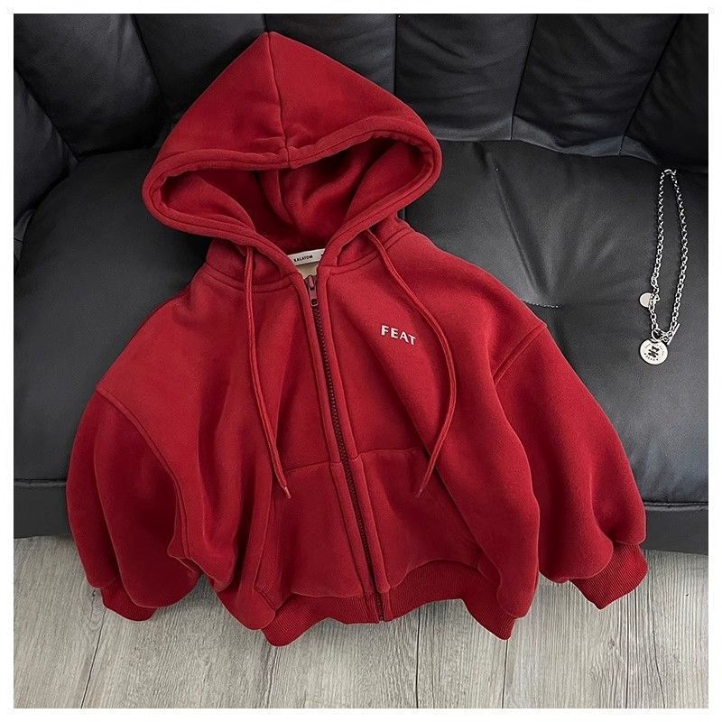 Unisex Kids’ Red Letter Print Hooded Fleece Jacket