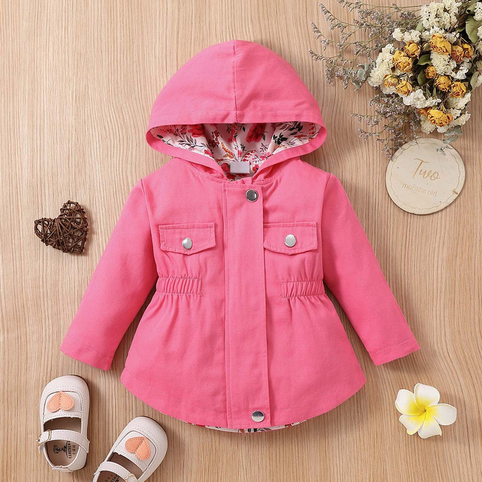 Baby Girls’ Floral Hooded Long Coat in Rose Red