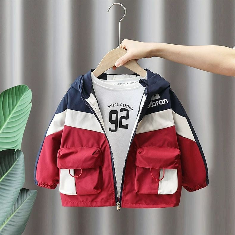 Boys’ Color-Block Hooded Windbreaker Jacket in Wool