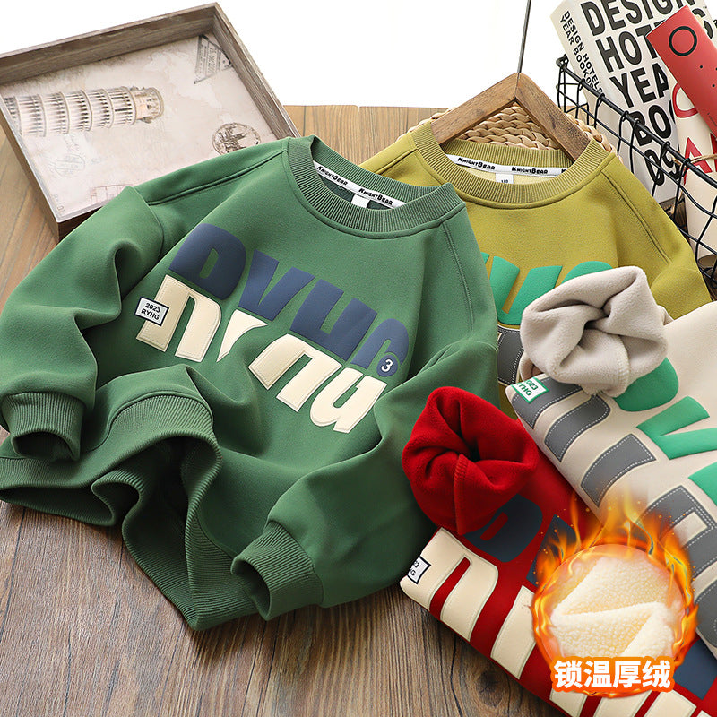 Boys' Thick Cotton Fleece Sweatshirt with Round Neck Design