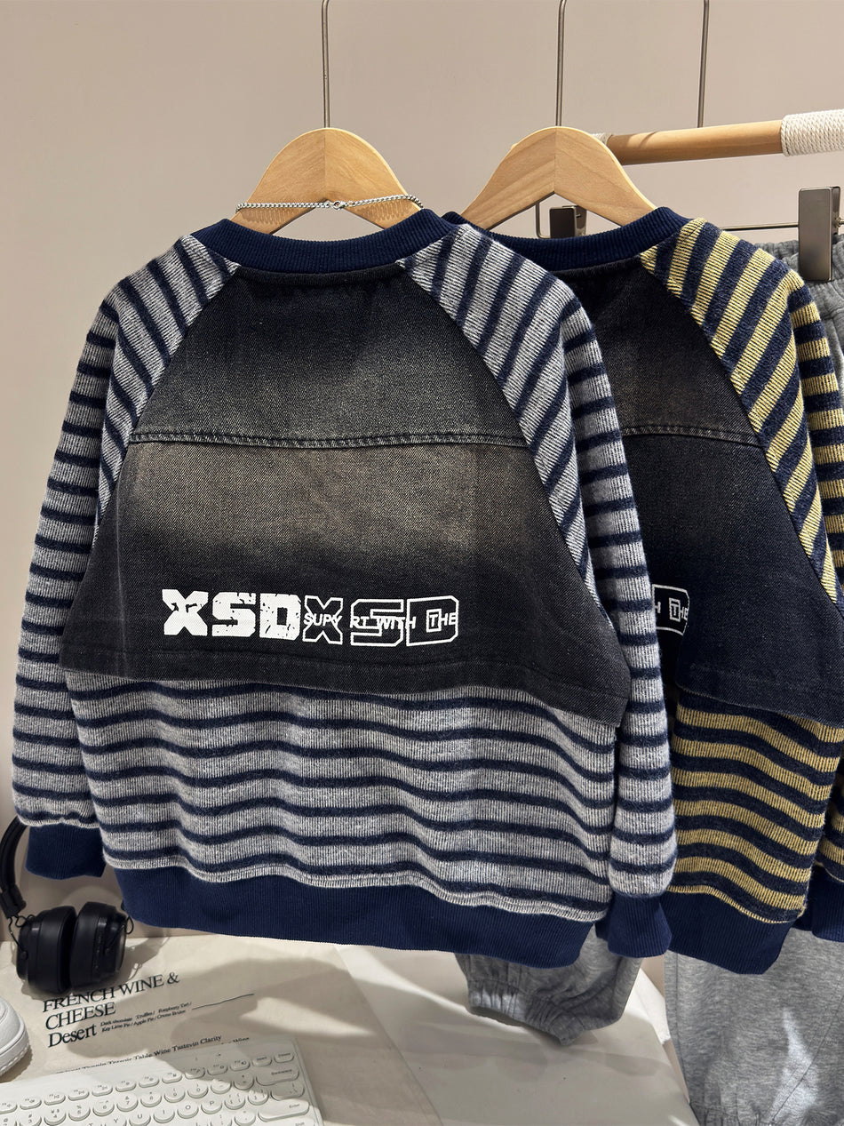 Boys' Casual Striped Long-Sleeve Cotton Crewneck Sweatshirt
