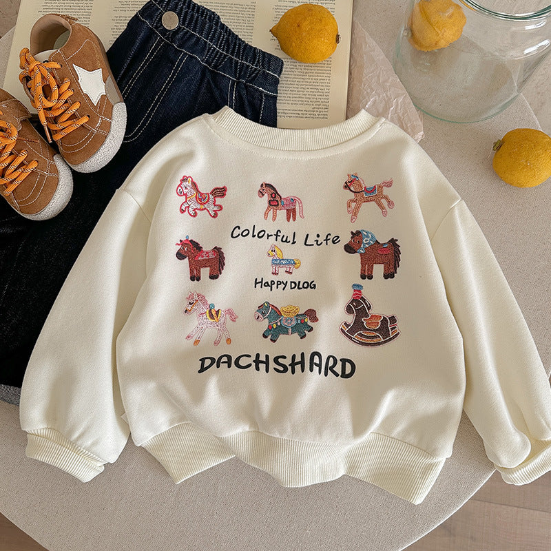 Boys' Pony Graphic Long-Sleeve Cotton Crewneck Sweatshirt