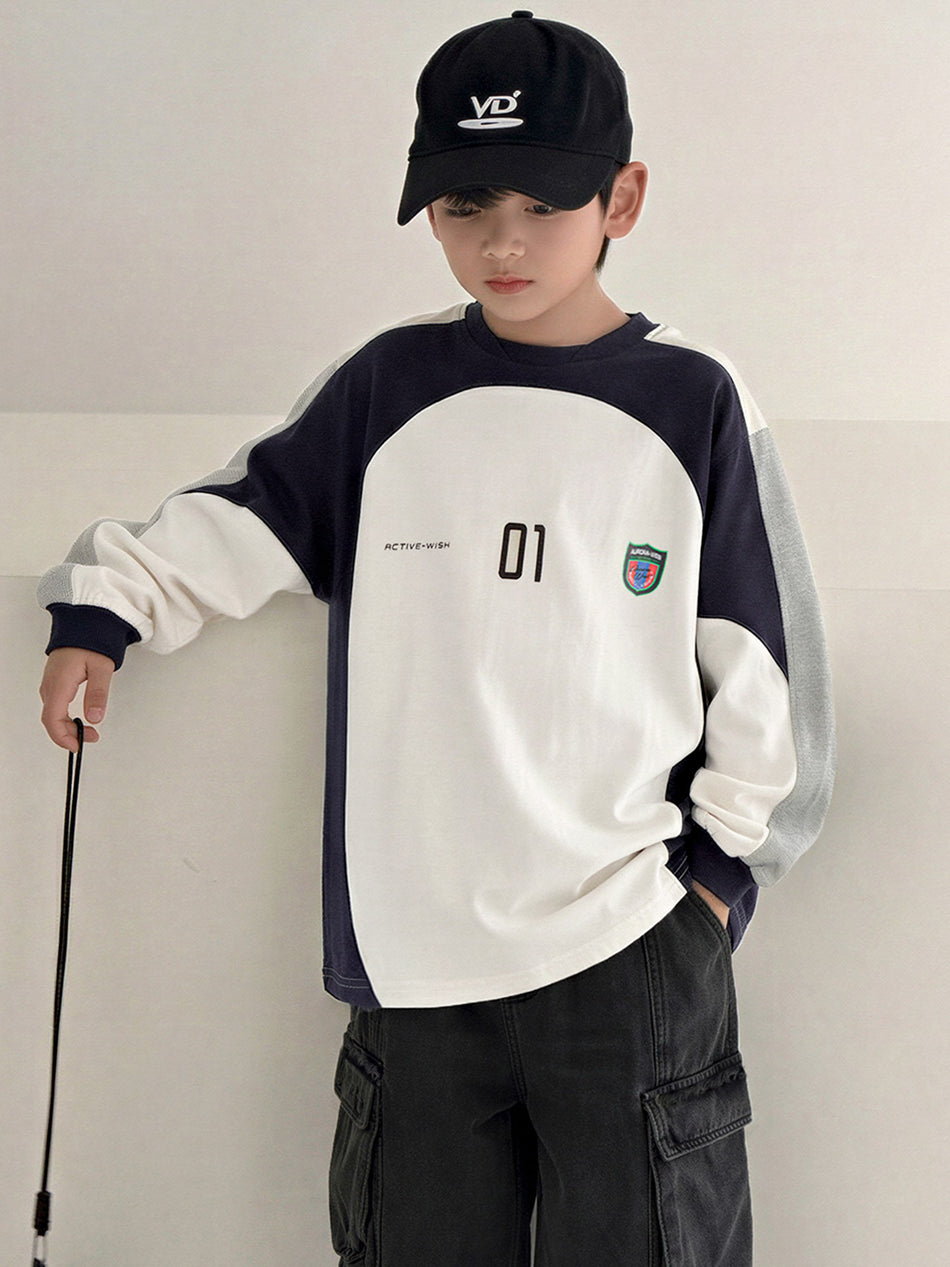 Boys' Color-Blocked Casual Long-Sleeve Cotton Sweatshirt