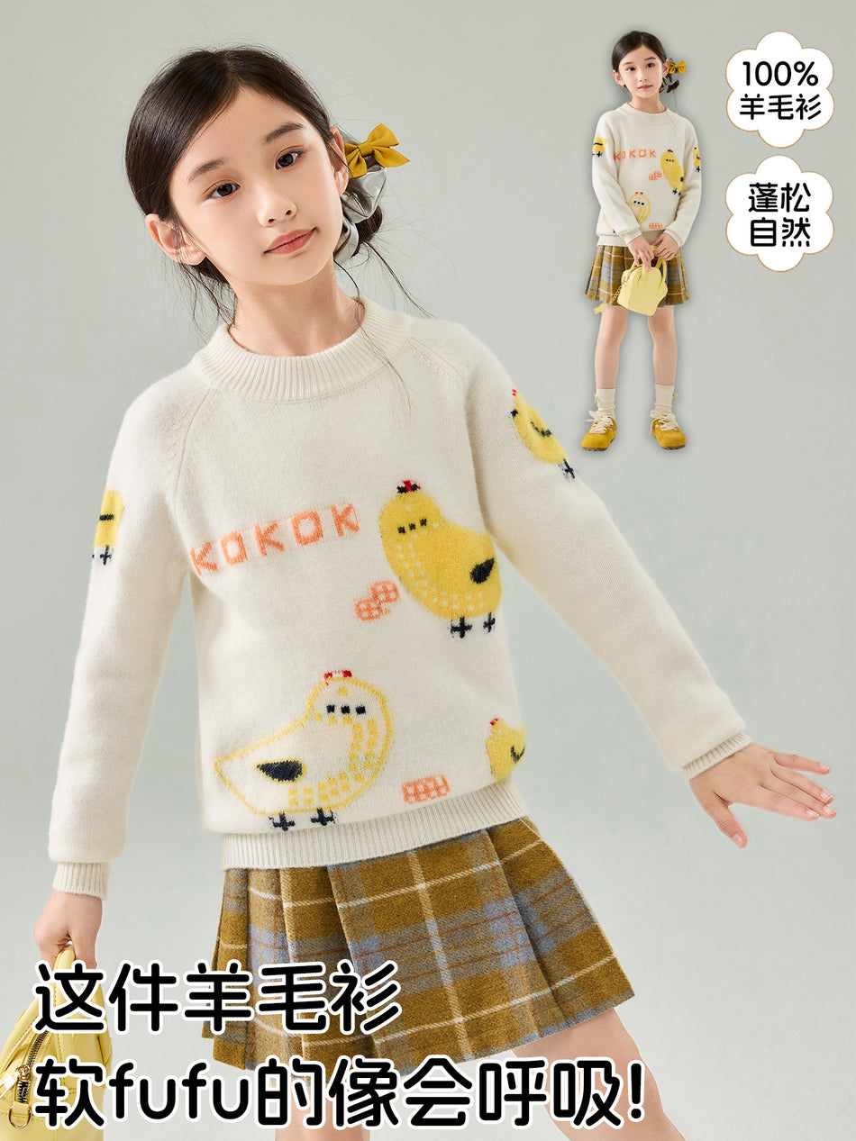 Girls 100% Wool Cartoon Jacquard Semi-High Collar Sweater