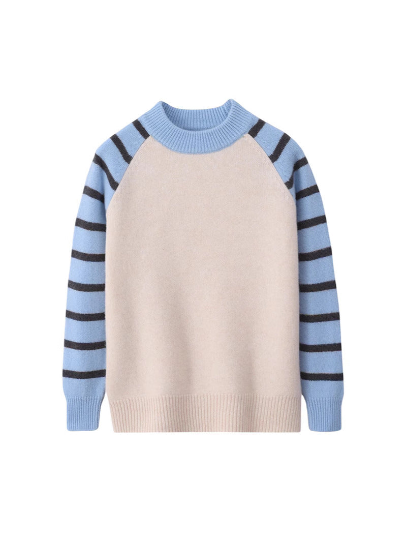 Girls 100% Wool Raglan Half Turtleneck Striped Sweater