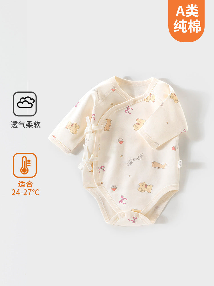 Newborn 100% Cotton Diagonal Lace-Up Long Sleeve Rompe