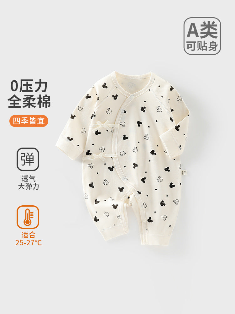 Newborn 100% Cotton Slant Collar Long Sleeve Romper