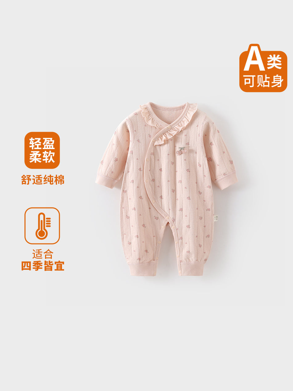 Baby Girl Cotton Jacquard Embroidered Lotus Collar Romper