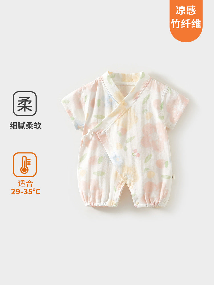 Baby Cotton Gauze Short Sleeve Floral V-Neck Romper