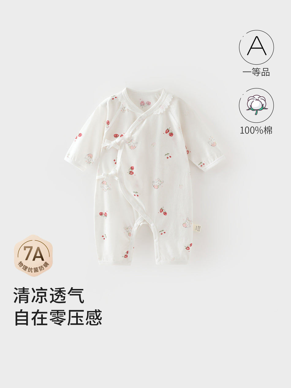 Baby 100% Cotton Rabbit Print Lace V-Neck Summer Romper