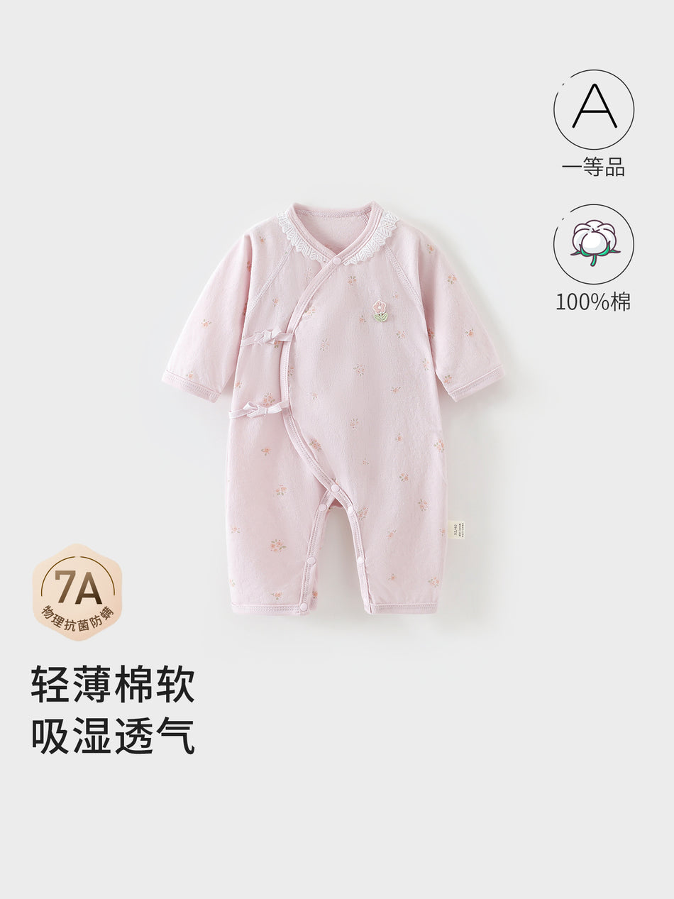Baby Girl 100% Cotton Floral Print V-Neck Long Sleeve Romper