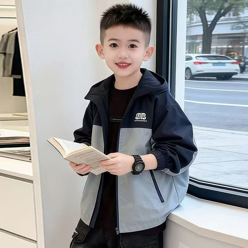 Boys' Windproof Color Block Hooded Trench Coat Jacket