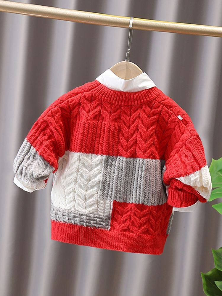 Boys' Class A Color Block Printed Crewneck Knit Sweater