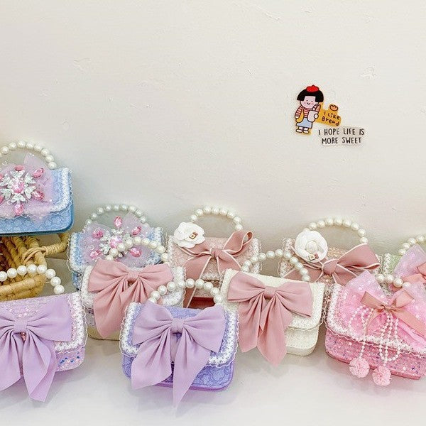 Korean-Style Bow Camellia Kids’ Pearl Crossbody Bag