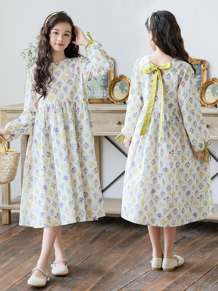 Girls’ Autumn Long Sleeve Floral Dress 2024 Princess Skirt