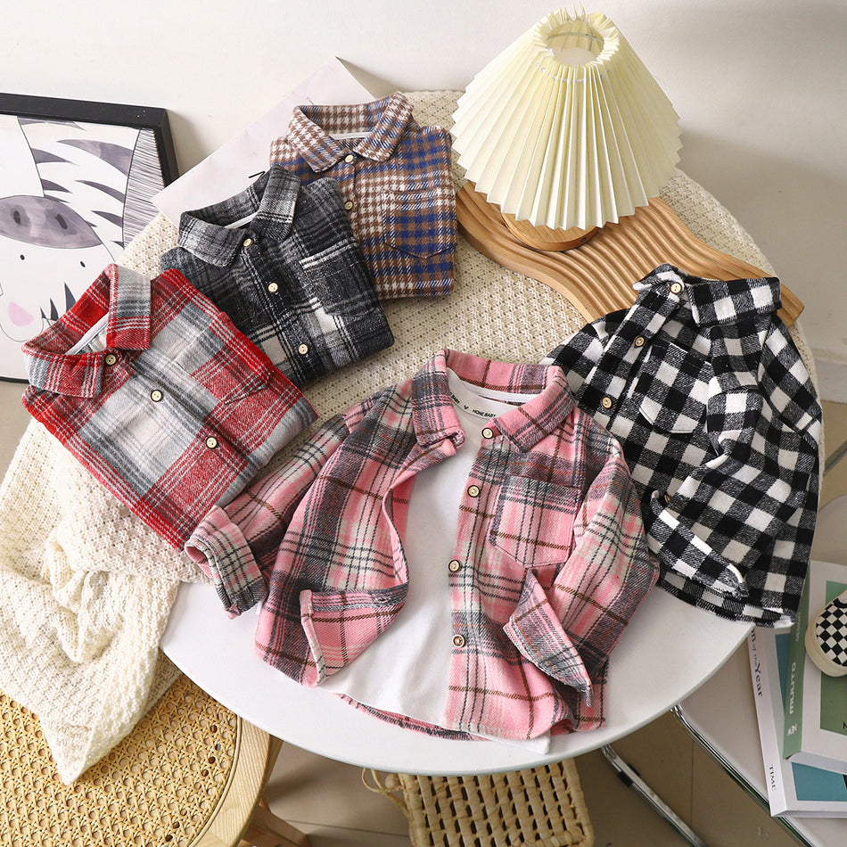 Kids Retro Plaid Color Block Lapel Shirt Jacket