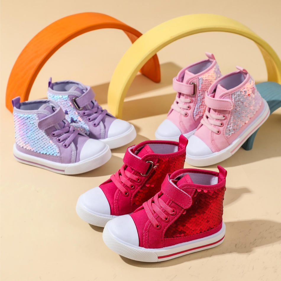 Girls’ Sequin High-Top Sneakers – Trendy Spring Shoes