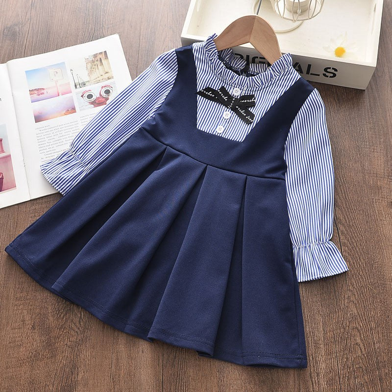 Striped Bow Dress with Two-Piece Look for Girls