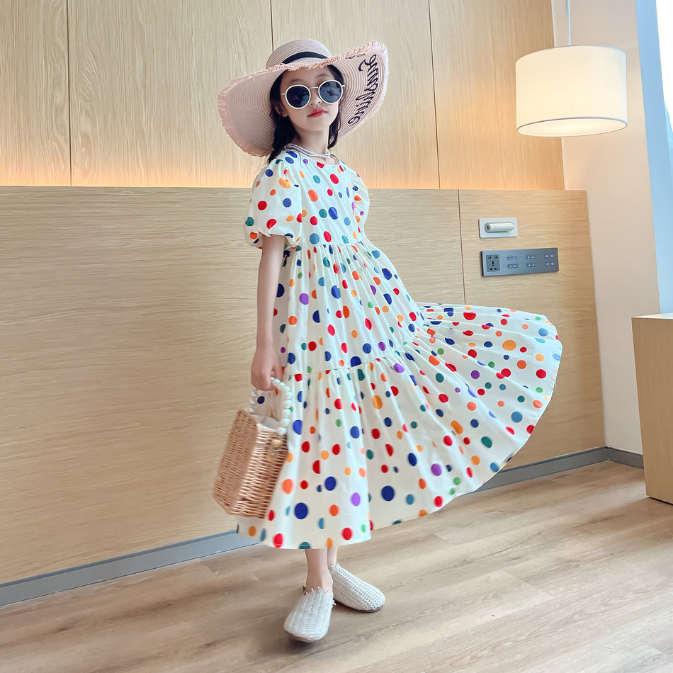Girls' Colorful Polka Dot Dress – Summer Korean Long Dress