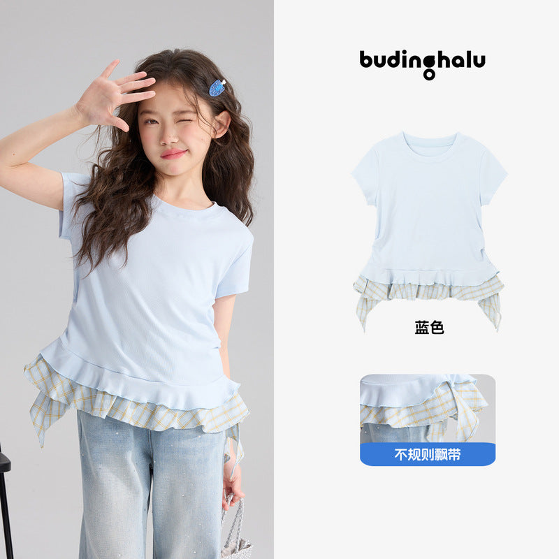 Pudding Haru Kids’ Summer Fake Two-Piece Plaid Tee