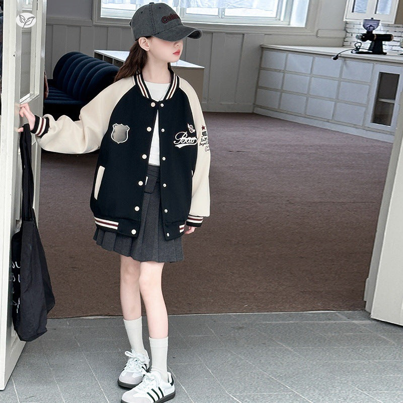 Girls Contrast Color Baseball Jacket Kids Spring Coat