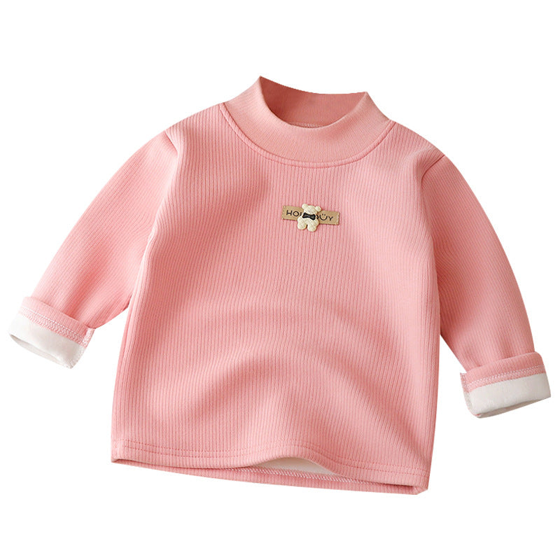 Kids Winter Fleece-Lined Cotton High Collar T-Shirt