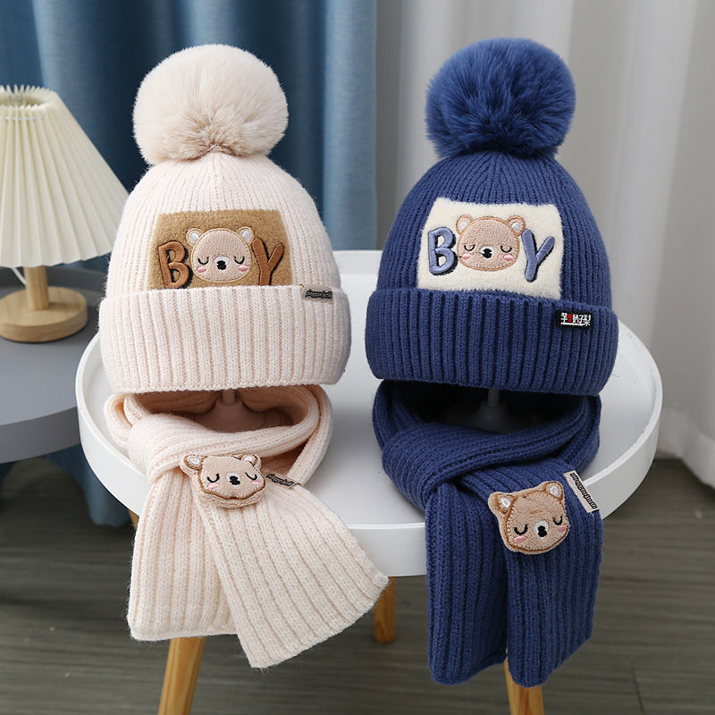 Bear Beanie & Scarf Set – Warm Knitted Cotton Winter Hat for Girls