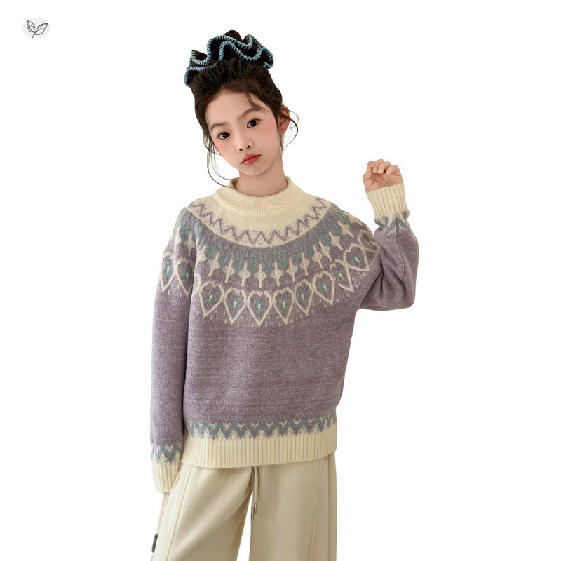 Girls Lilac Fair Isle Knit Winter Sweater 2025