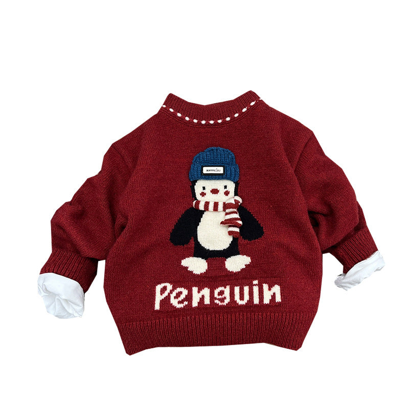 Boys' Red Sweater Winter Thickened Baby Knit Top Festive Outfit
