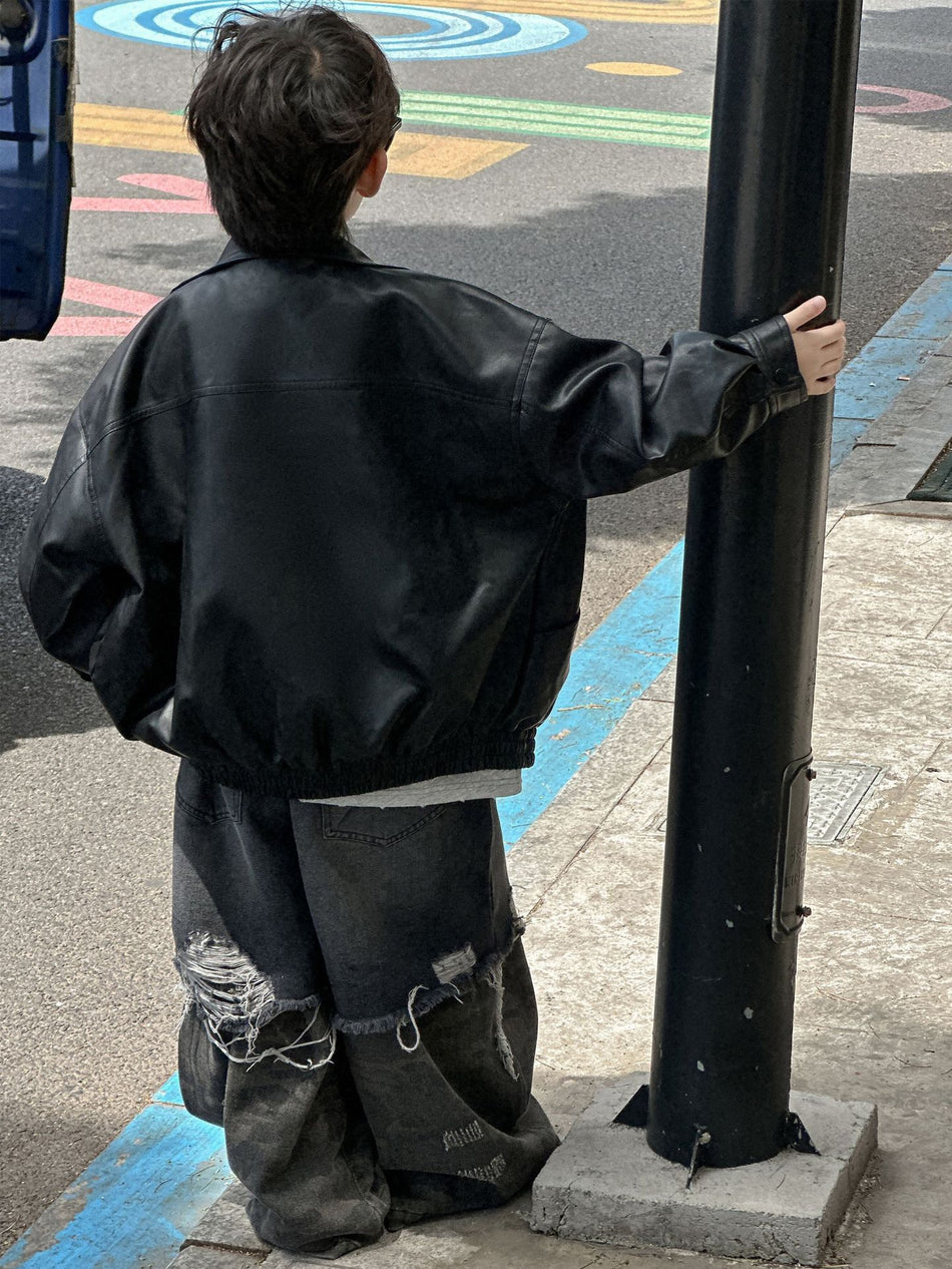 Boys Retro Soft Leather Bomber Jacket 2025