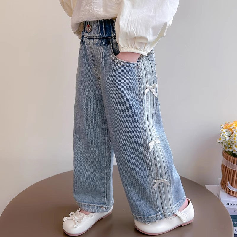 Girls' Bow Jeans Straight Pants Korean Style Spring