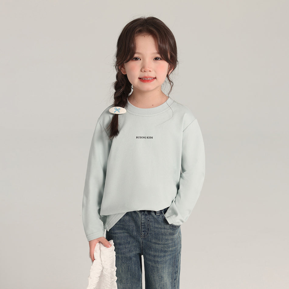 Momo's Home Girls’ Cotton Letter Print Long-Sleeve Tee