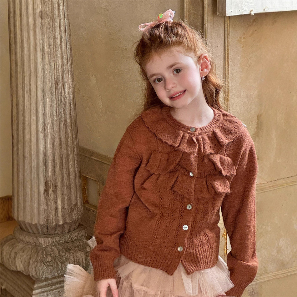 Girls’ Ruffle Lace Cardigan – French Sweet Knit Sweater