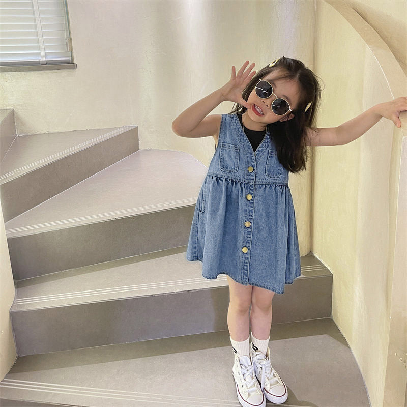 Girls’ Denim Vest Dress – Korean Style 2024 Sleeveless