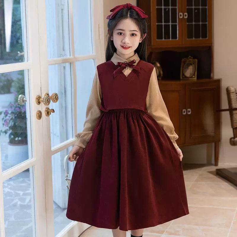 Girls’ College Style Polo Collar Two-Piece Dress