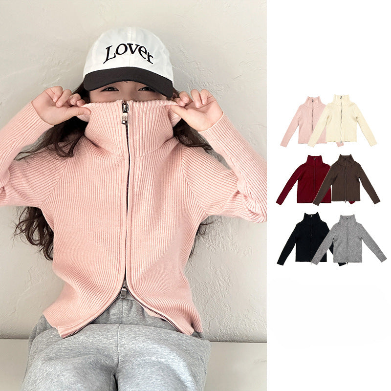 Girls’ Autumn Winter Turtleneck Knitted Cardigan Sweater