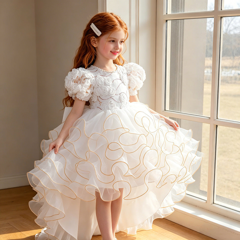 Kids Embroidered Puff Sleeve Princess Party Dress Skirt