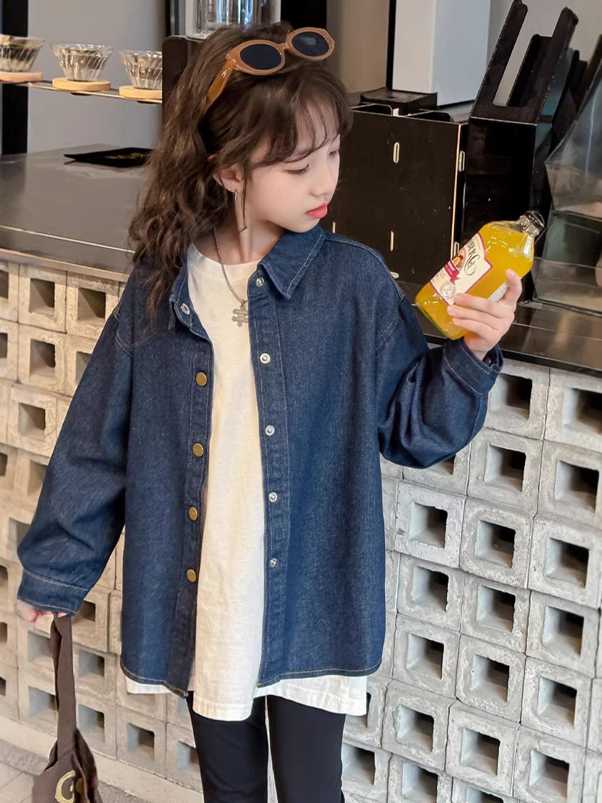 Girls Denim Shirt Coat with Buttons