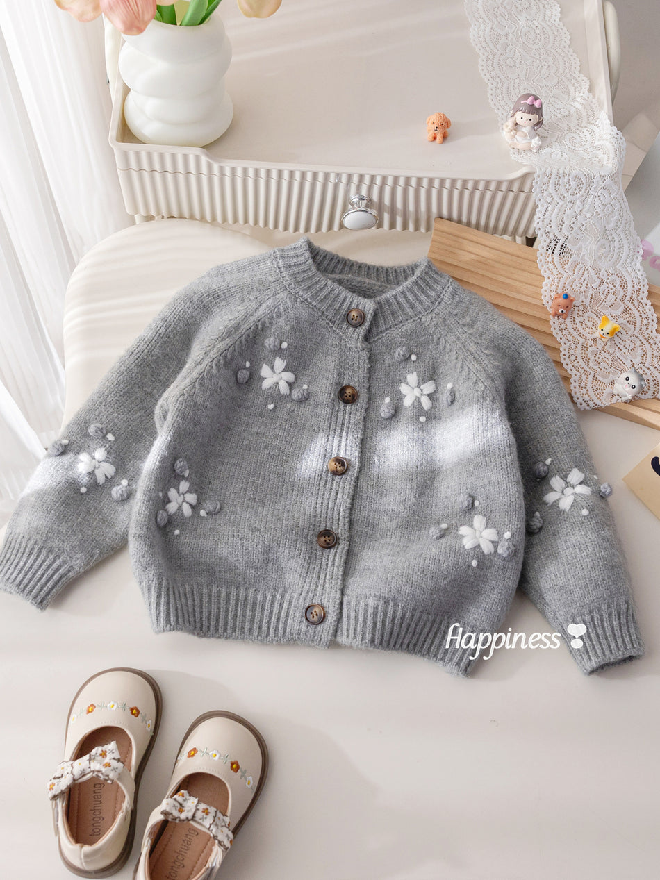 Girls Autumn Winter Knitted Cardigan Sweet Flower Jacket Top