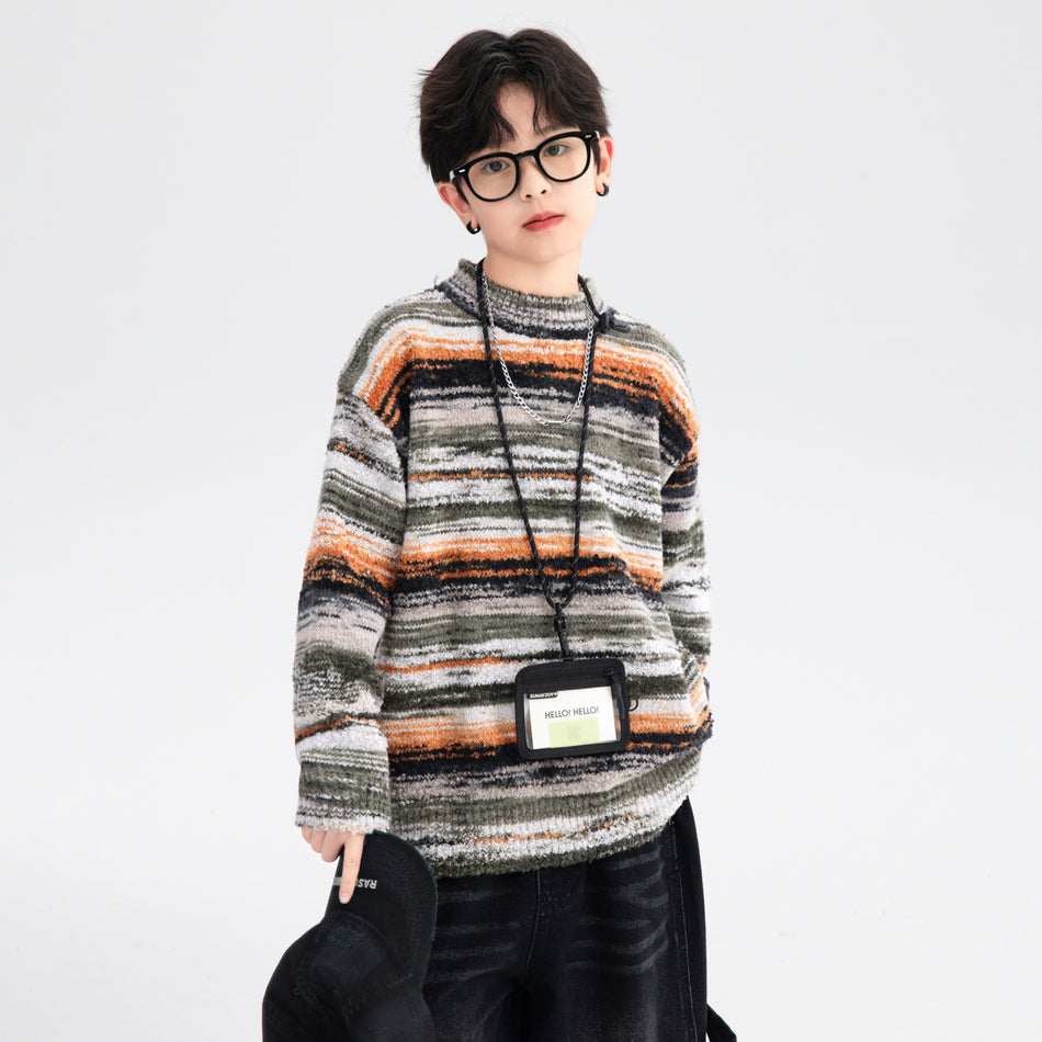 Boys Korean Style Striped Winter Knit Sweater 2025