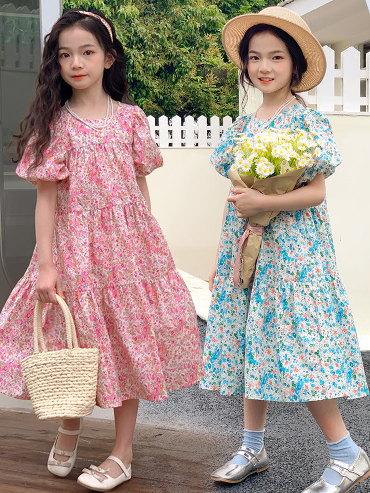 Girl’s Floral Dress Summer 2023 Puff Sleeve Mid-Length Cake Dress