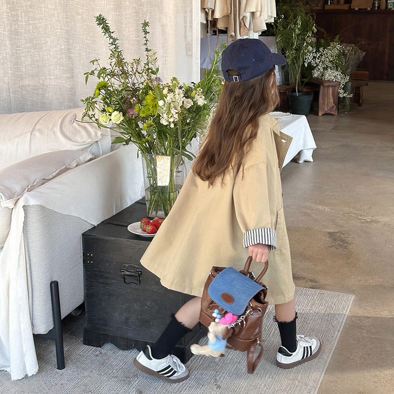 Emo Beibei Girls’ Spring British-Style Mid-Length Coat