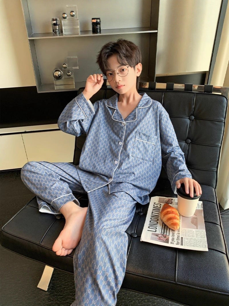 Boys' Cotton Pajamas Spring Autumn Cardigan Long Pants Set.
