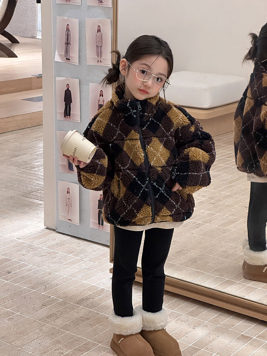 Aimobeibei Children's Retro Stand-Up Collar Jacket Cotton Coat 2025 Winter Girls' Fashionable and Practical Diamond-Patterned Cotton Jacket