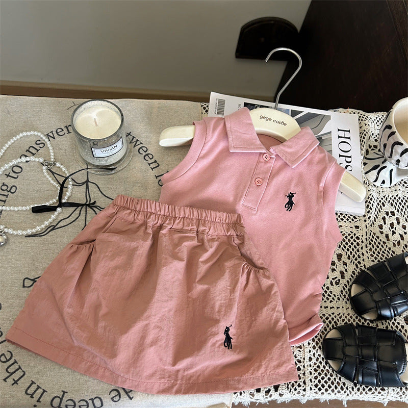 Girls’ Korean Summer Set – Polo Vest & Skirt 2-Piece